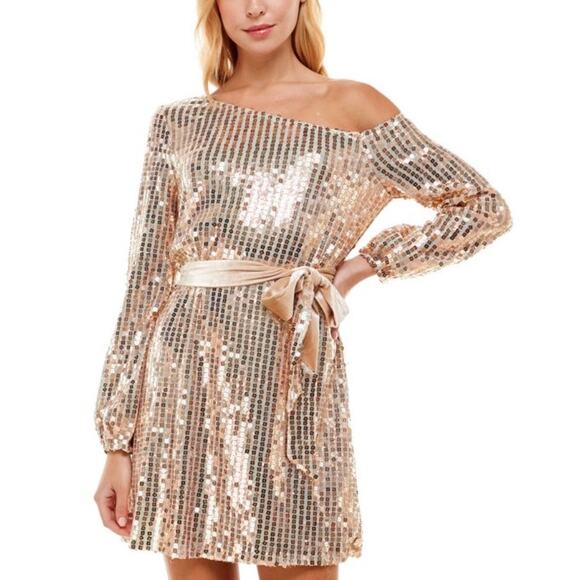 Trixxi Beige Gold Sequined Asymmetrical One Shoulder Mini Dress 0 NWOT - Picture 1 of 12